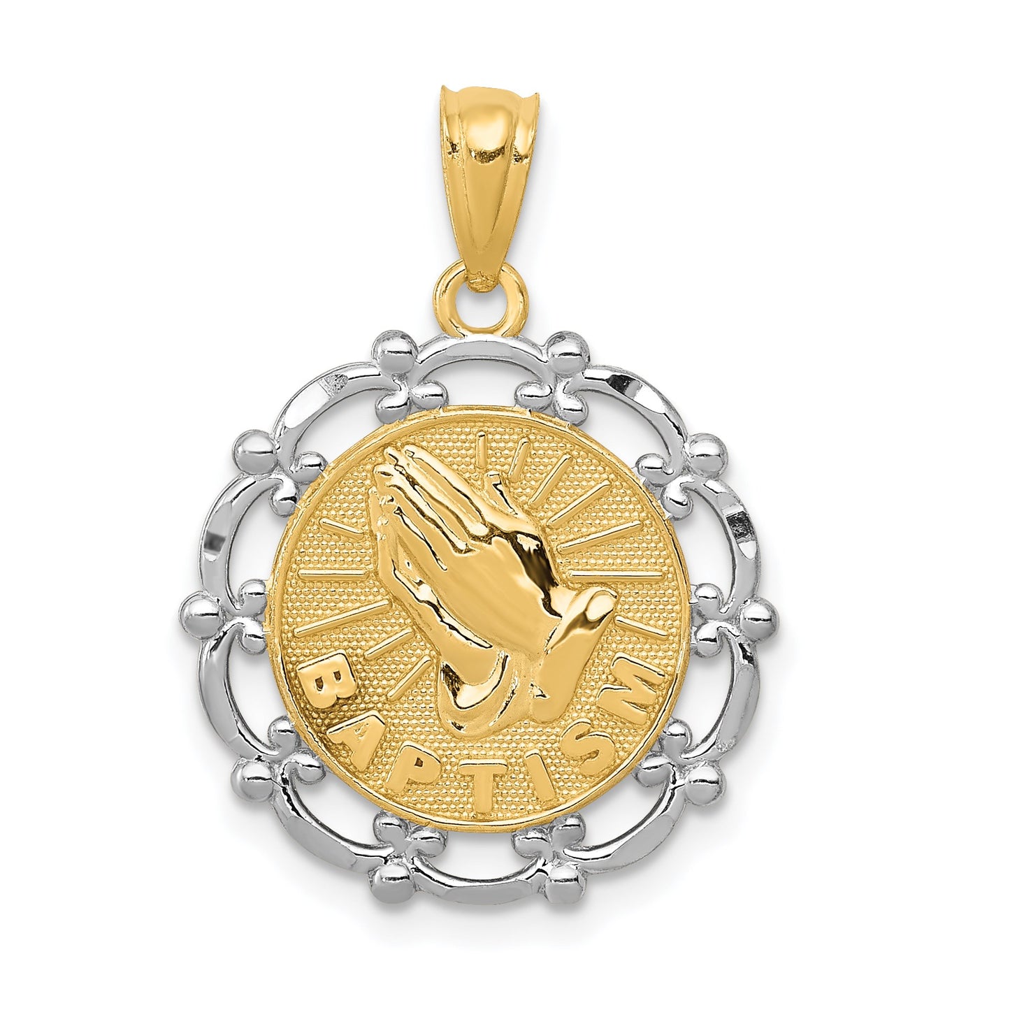 14K and White Rhodium BAPTISM with Praying Hands Scalloped Edge Round Pendant