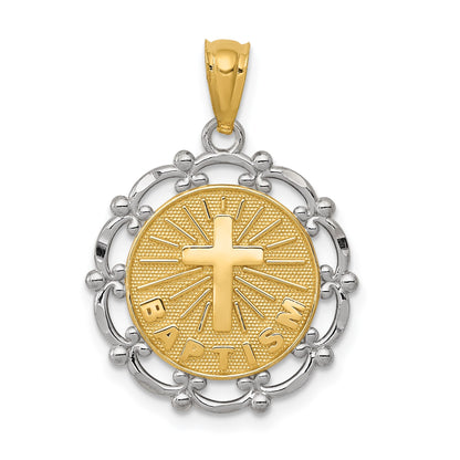 14K and White Rhodium BAPTISM with Cross Scalloped Edge Round Pendant