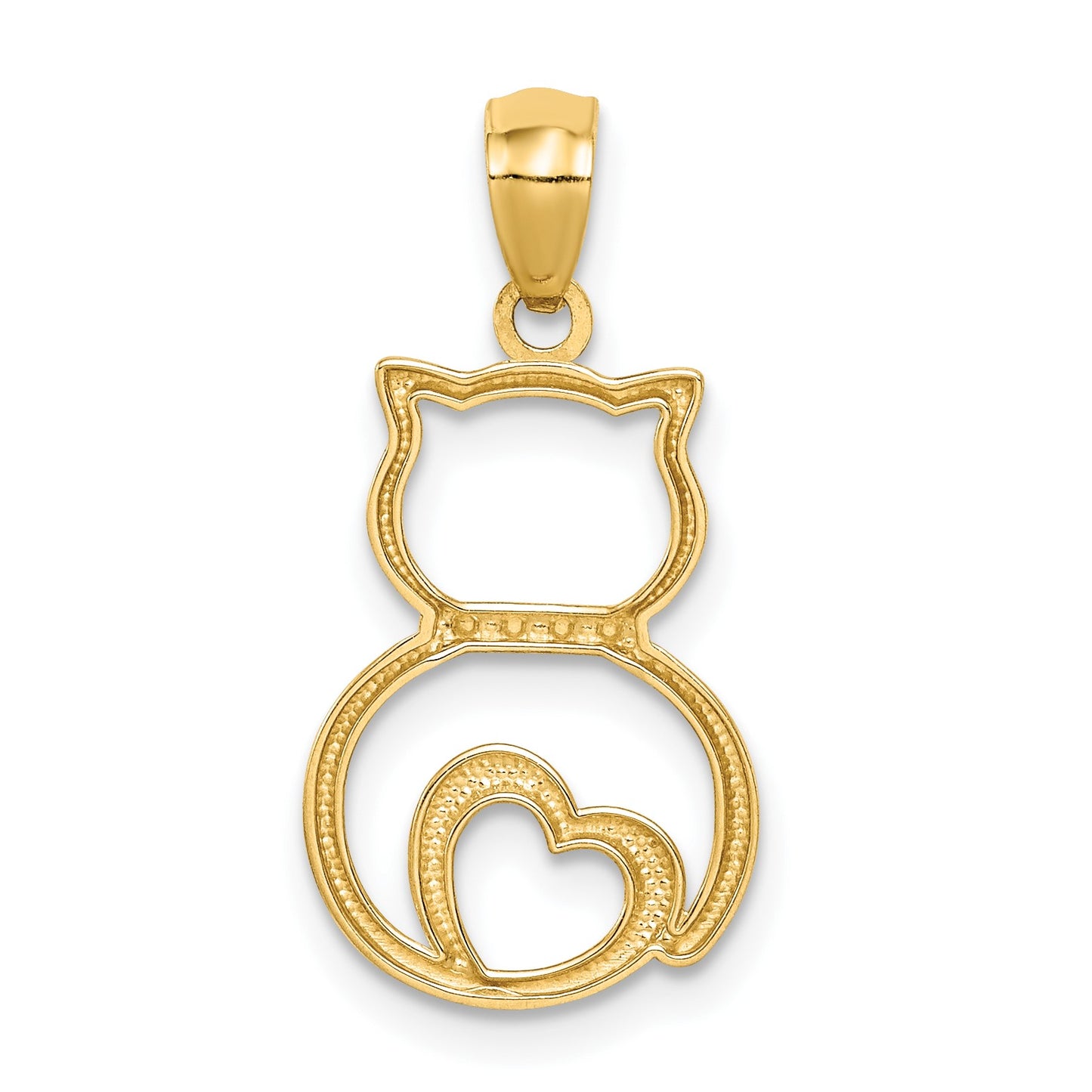 14k and White Rhodium Diamond-cut Sitting Cat with Heart Pendant