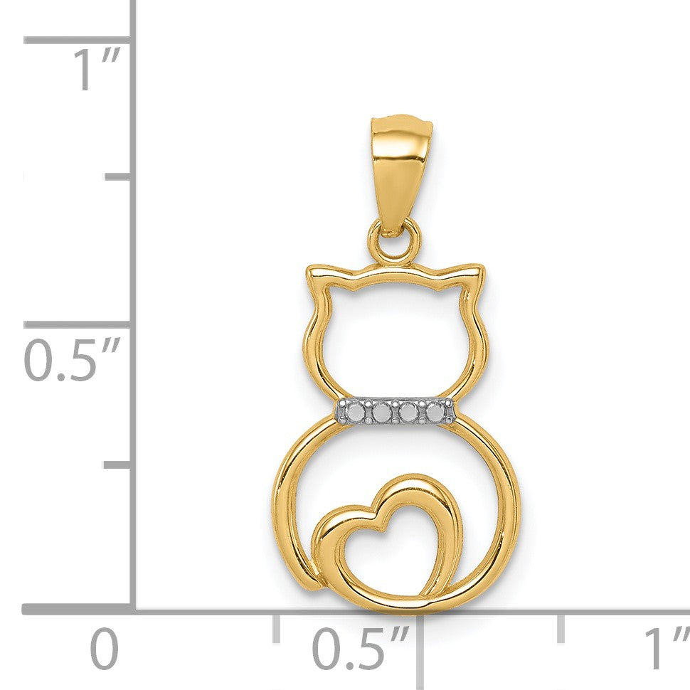 14k and White Rhodium Diamond-cut Sitting Cat with Heart Pendant