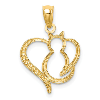 14K and White Rhodium Sitting Cat in a Heart Pendant