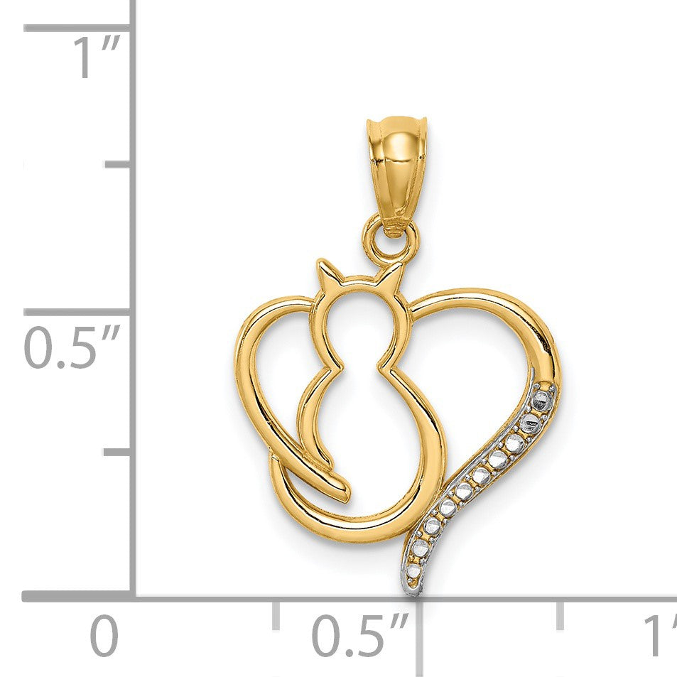 14K and White Rhodium Sitting Cat in a Heart Pendant