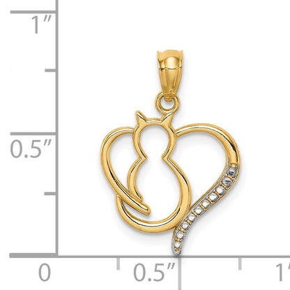 14K and White Rhodium Sitting Cat in a Heart Pendant