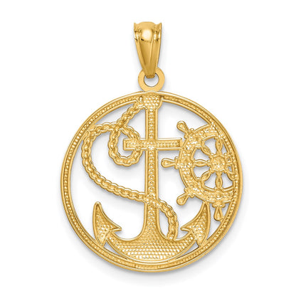 14K W/ Rhodium Cross Anchor Captain Wheel Pendant