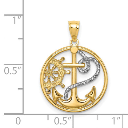 14K W/ Rhodium Cross Anchor Captain Wheel Pendant