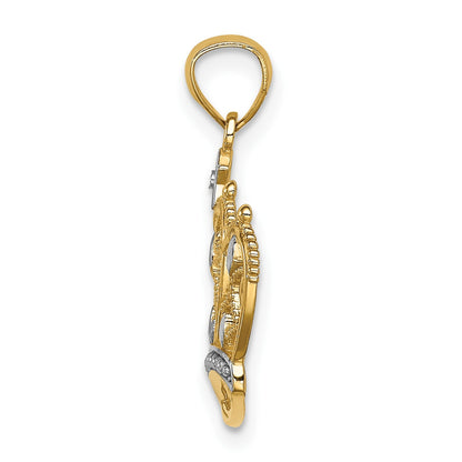 14K and White Rhodium Diamond-cut Filigree Crown Pendant