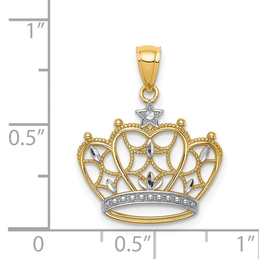 14K and White Rhodium Diamond-cut Filigree Crown Pendant