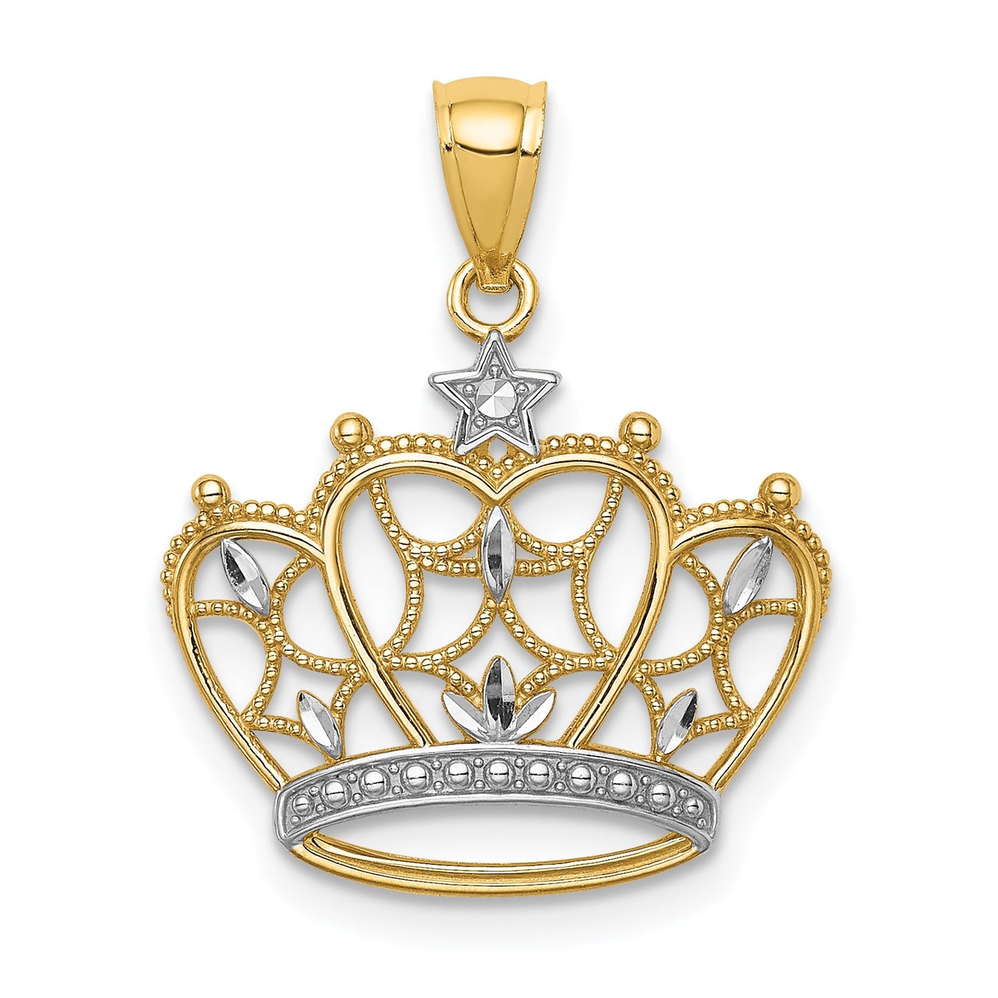 14K and White Rhodium Diamond-cut Filigree Crown Pendant