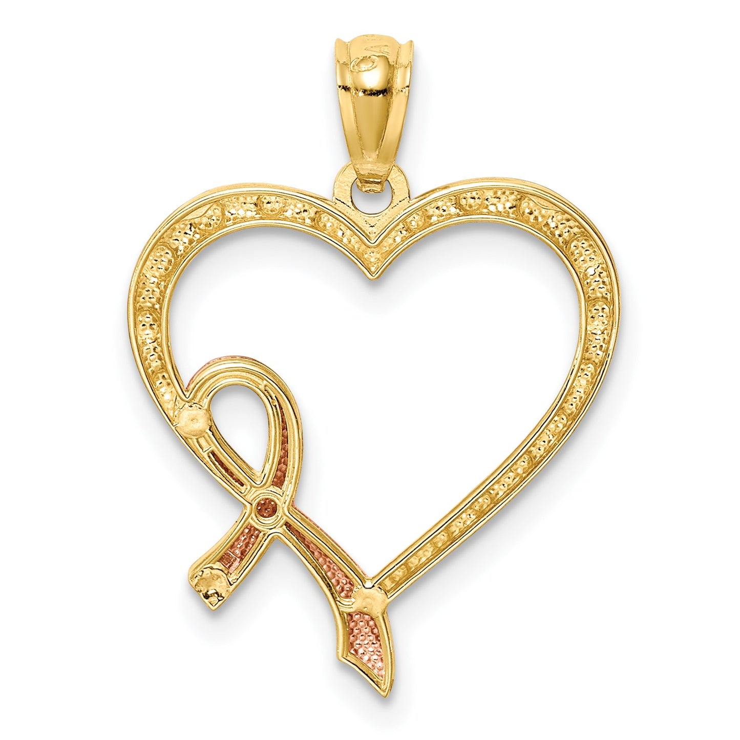14K and Rose Rhodium Pink Ribbon with Heart Pendant