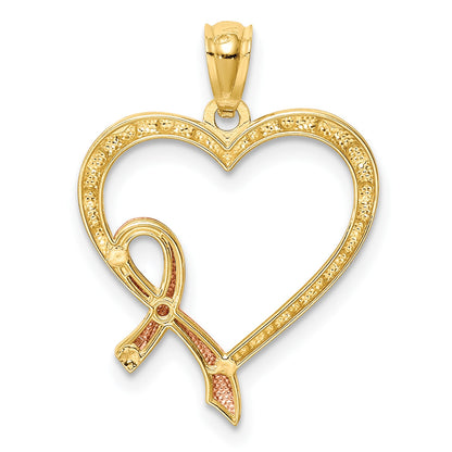 14K and Rose Rhodium Pink Ribbon with Heart Pendant