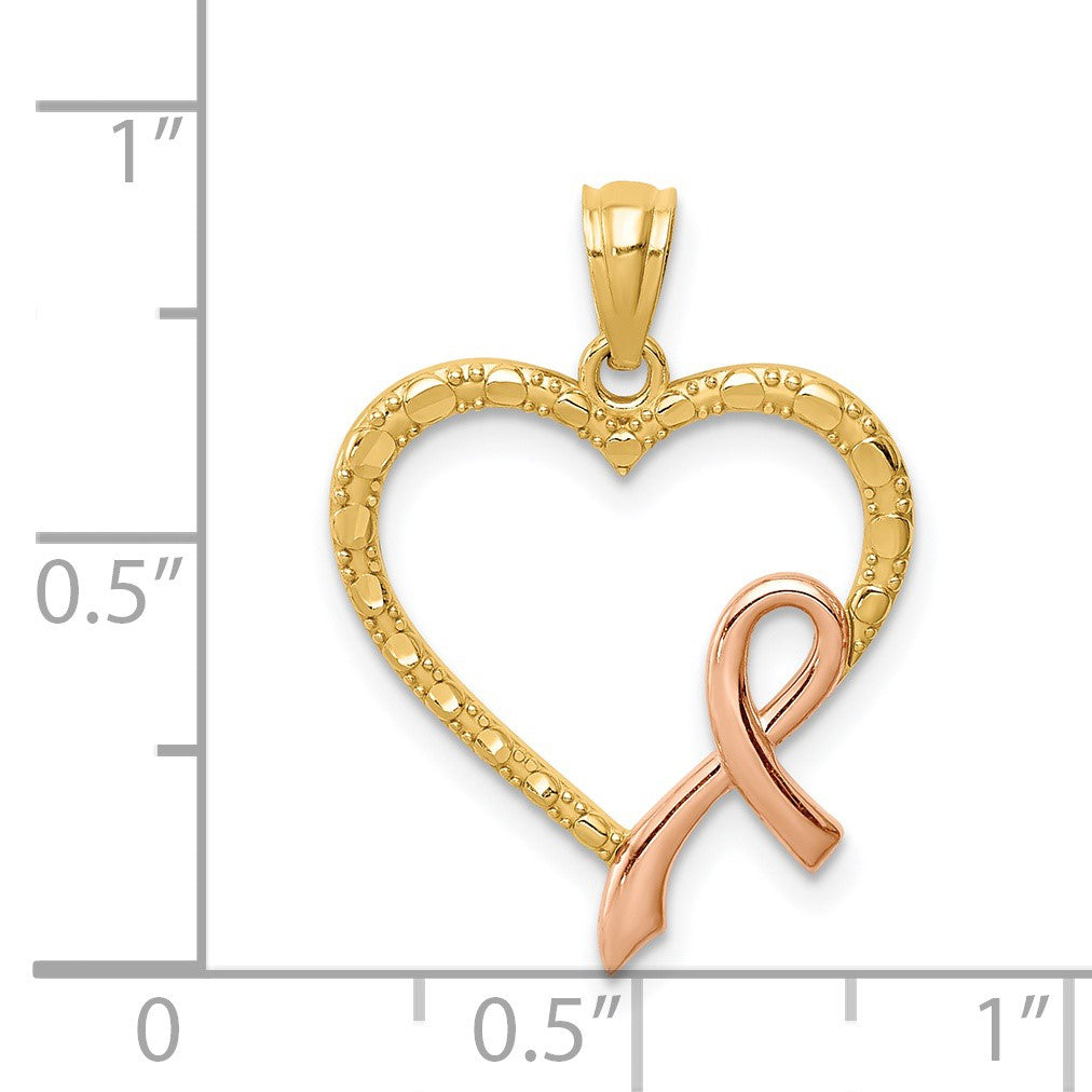 14K and Rose Rhodium Pink Ribbon with Heart Pendant