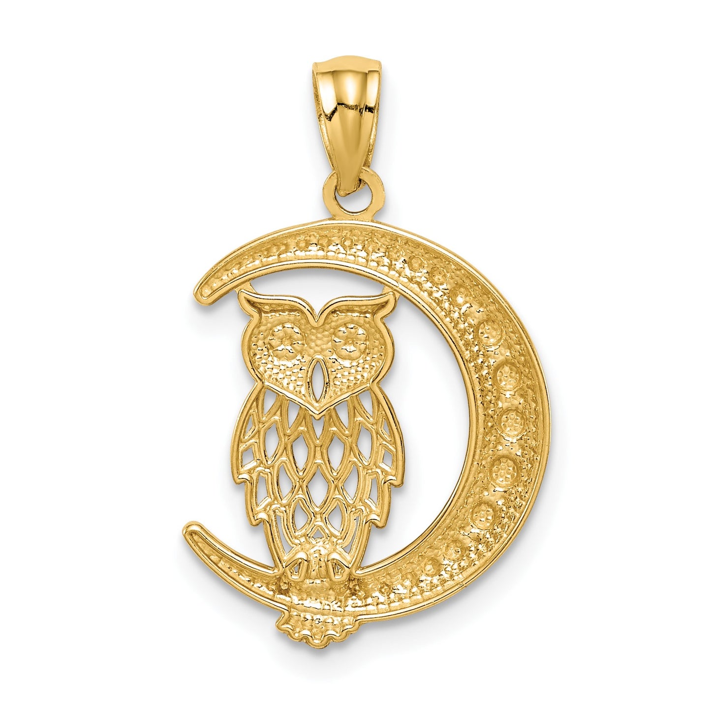 14K and White Rhodium Diamond-cut Owl on the Moon Pendant