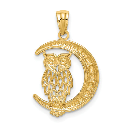 14K and White Rhodium Diamond-cut Owl on the Moon Pendant