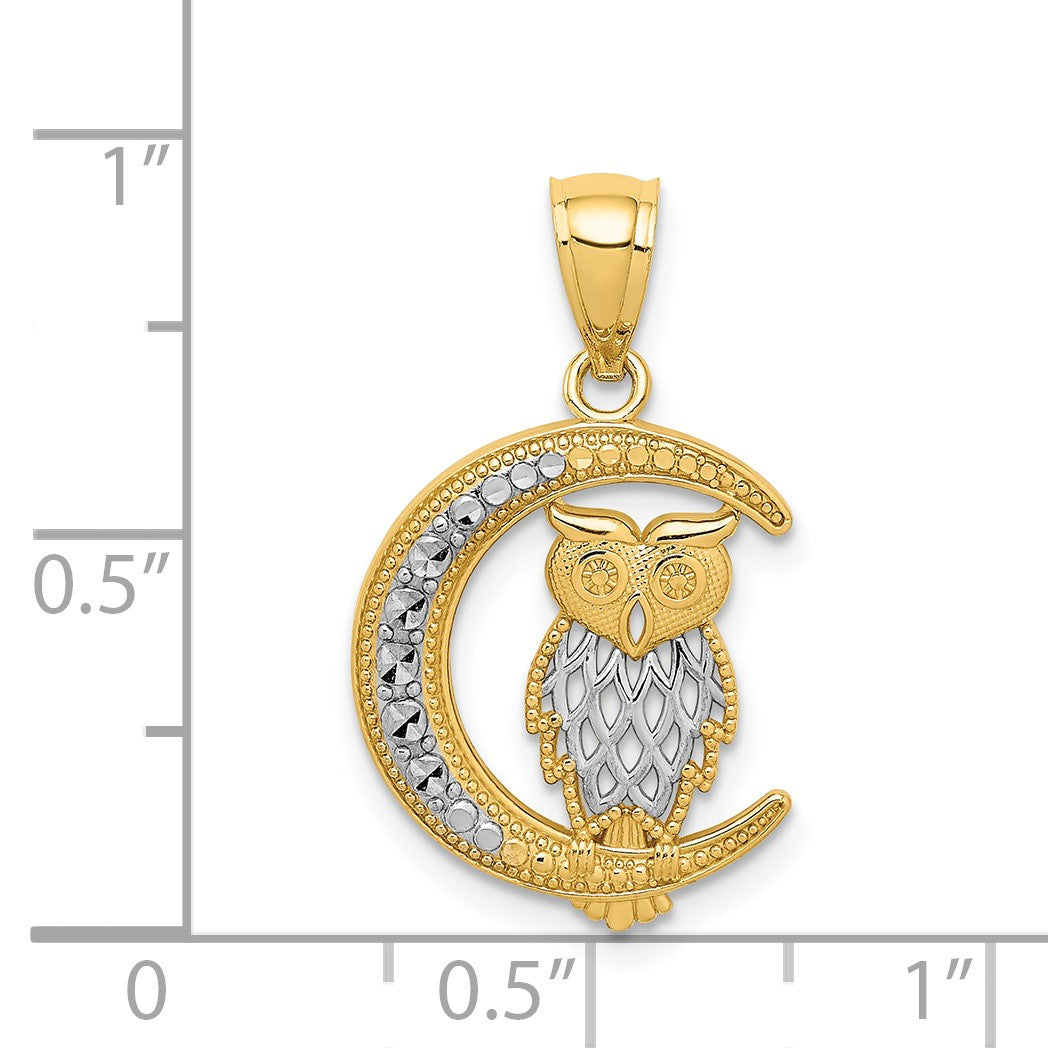 14K and White Rhodium Diamond-cut Owl on the Moon Pendant