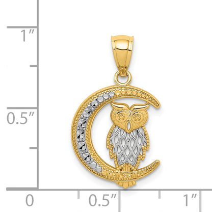14K and White Rhodium Diamond-cut Owl on the Moon Pendant