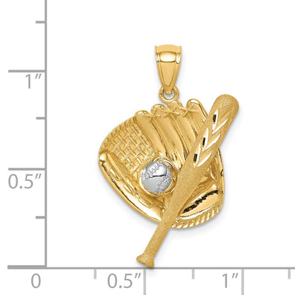 14K and White Rhodium Diamond-cut Baseball Bat/Glove/Ball Pendant