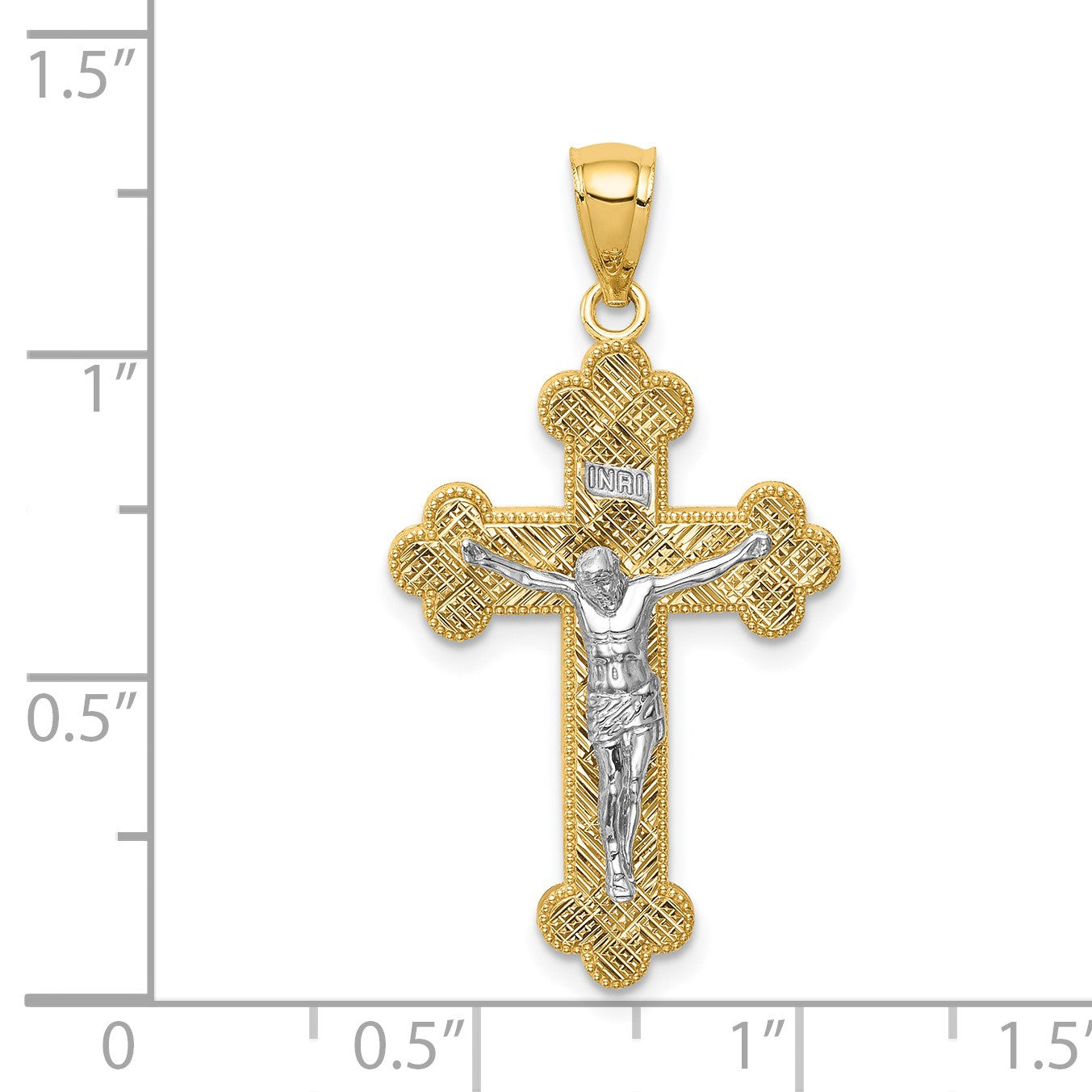 14K Two-Tone with White Rhodium Inri Budded Crucifix