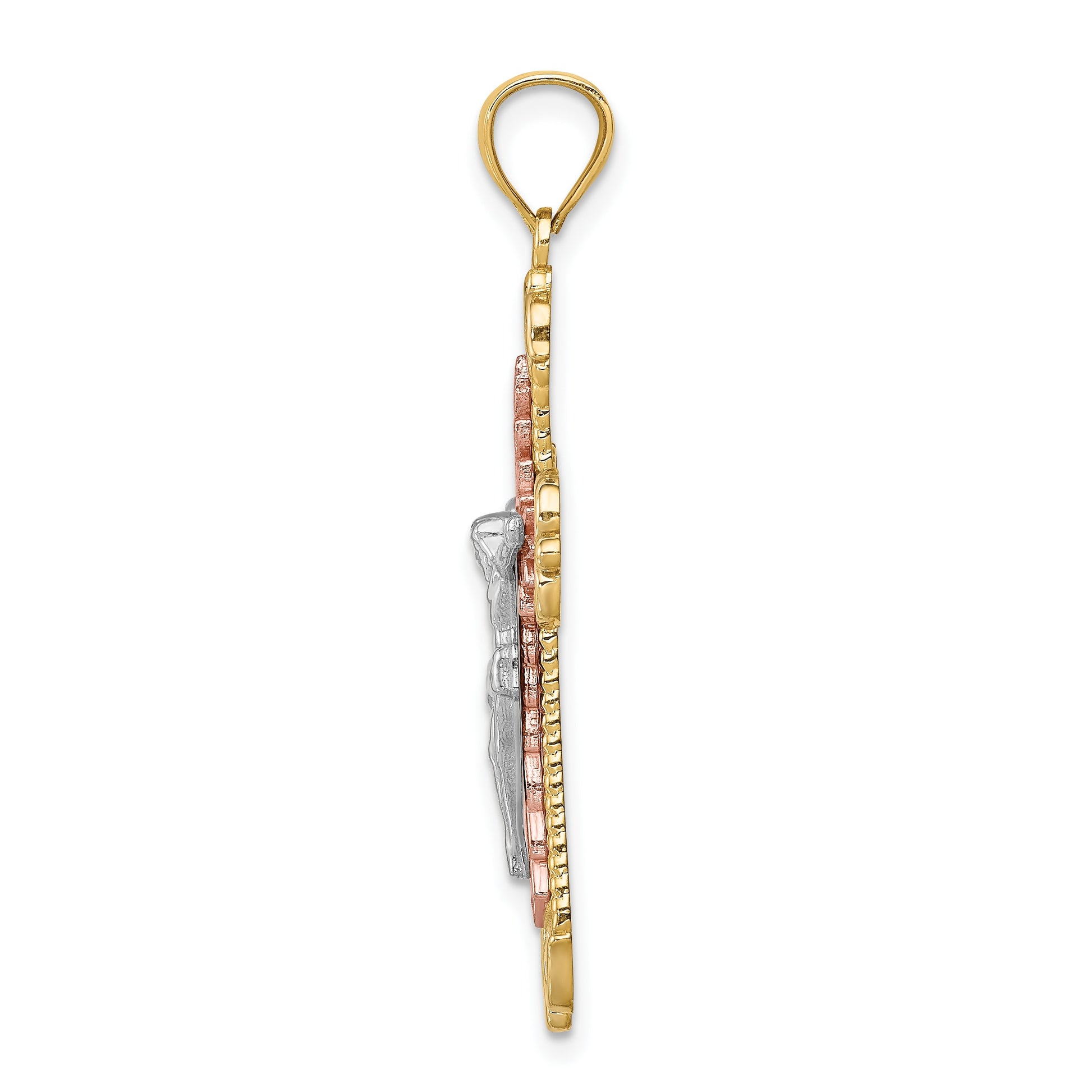 14K Tri-Color and White Rhodium Diamond-cut Crucifix Pendant