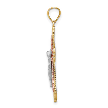 14K Tri-Color and White Rhodium Diamond-cut Crucifix Pendant