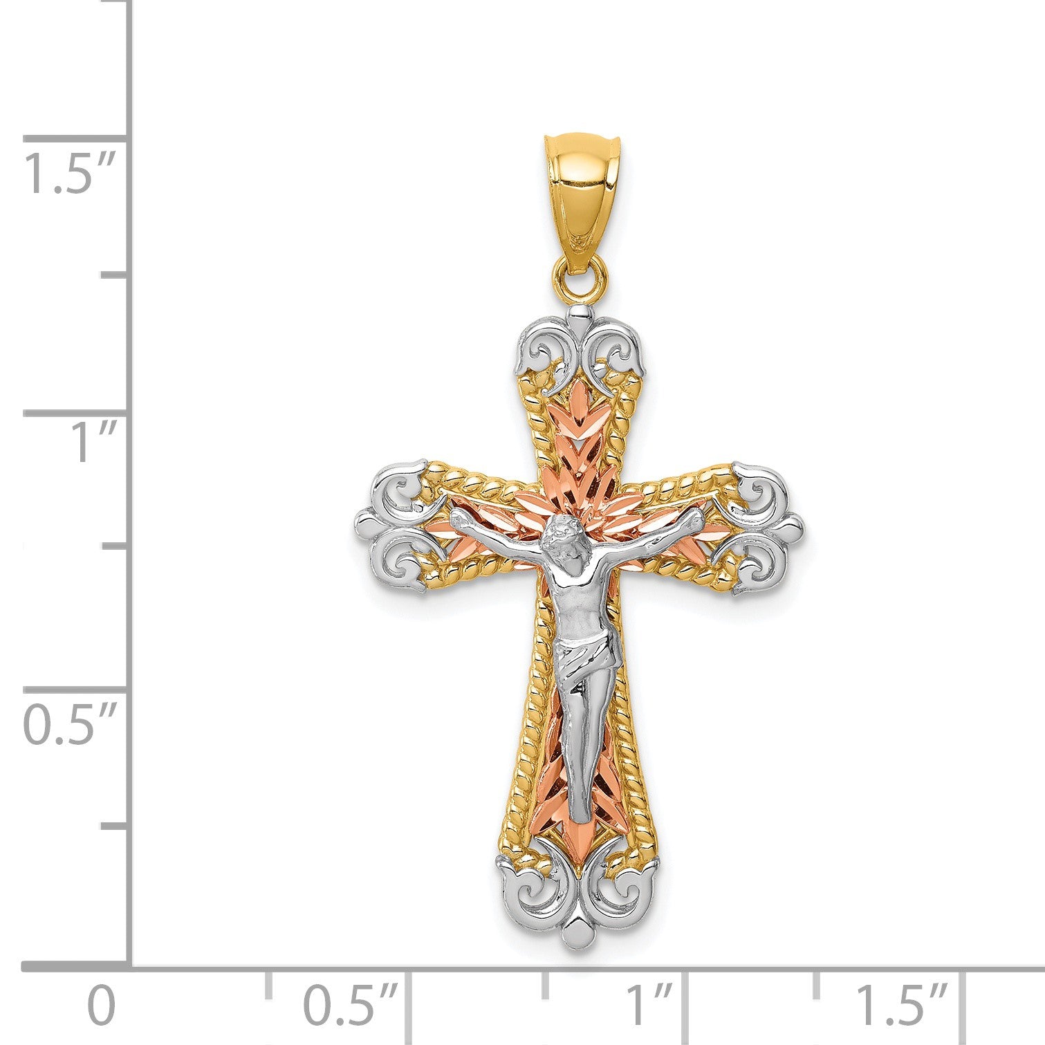 14K Tri-Color and White Rhodium Diamond-cut Crucifix Pendant