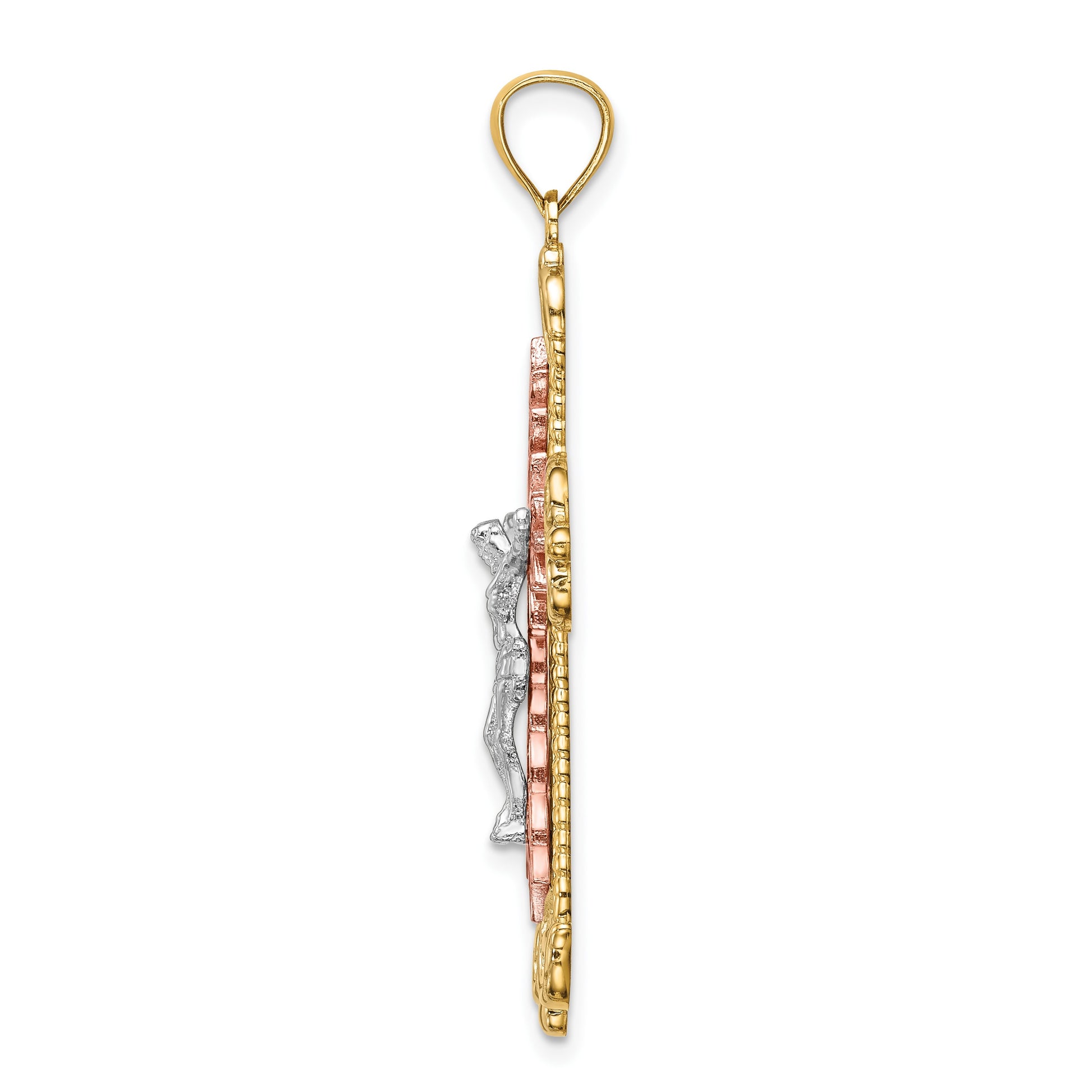 14K Tri-Color and White Rhodium Diamond-cut Crucifix Pendant