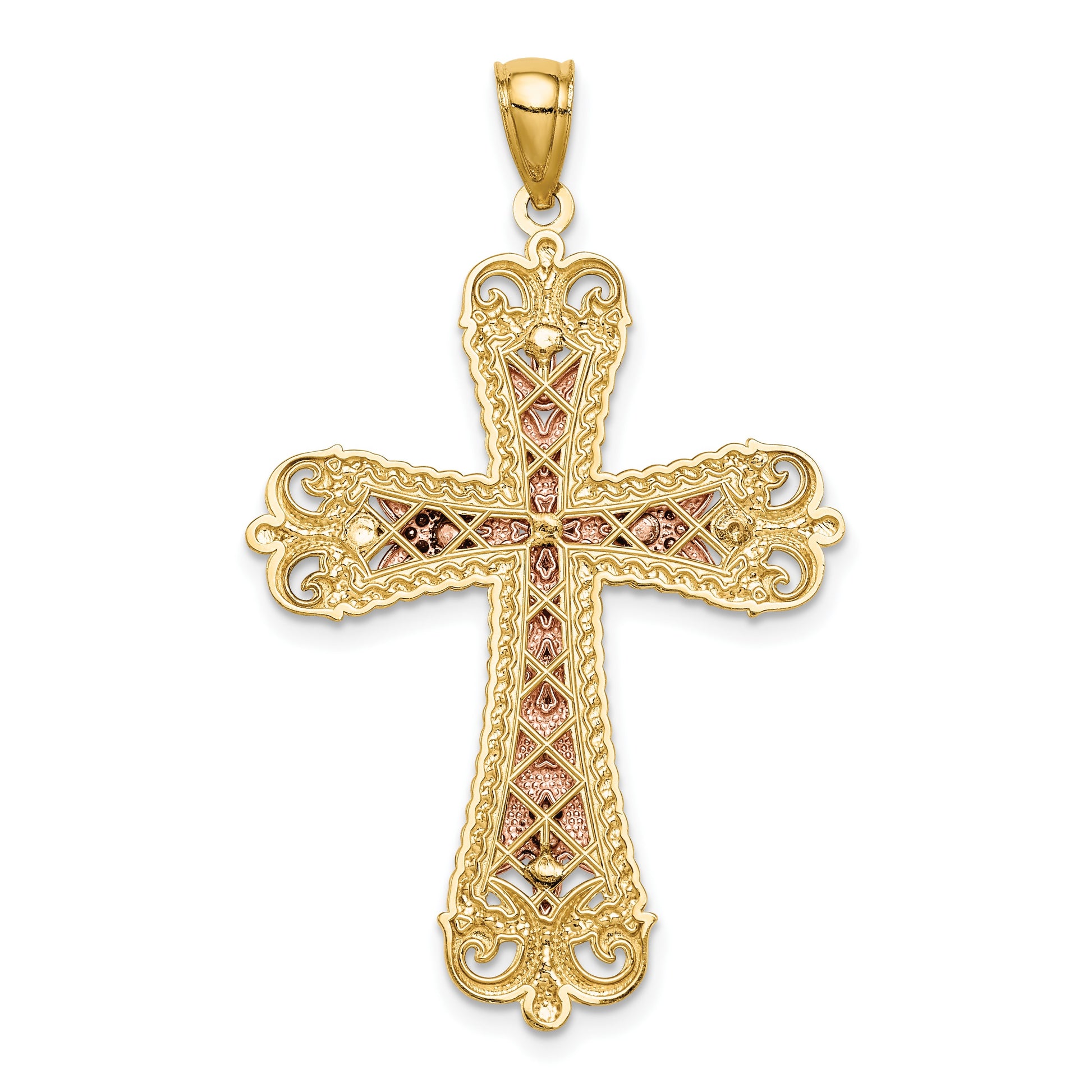 14K Tri-Color and White Rhodium Diamond-cut Crucifix Pendant