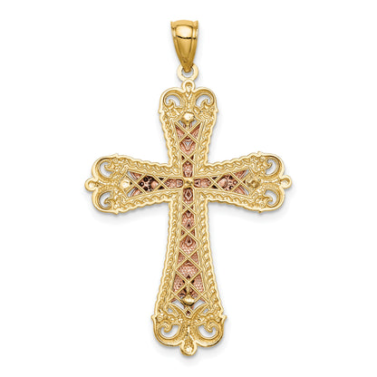 14K Tri-Color and White Rhodium Diamond-cut Crucifix Pendant