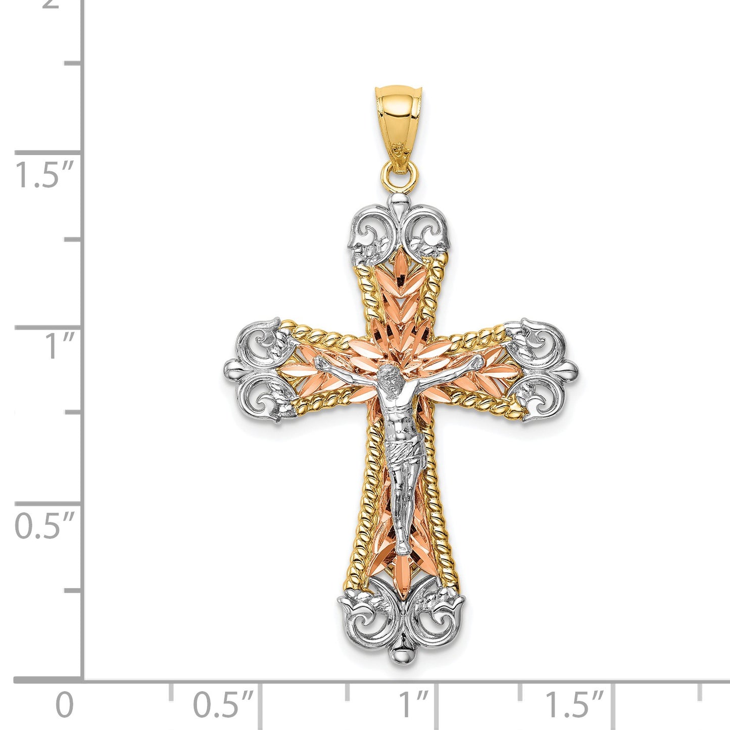 14K Tri-Color and White Rhodium Diamond-cut Crucifix Pendant