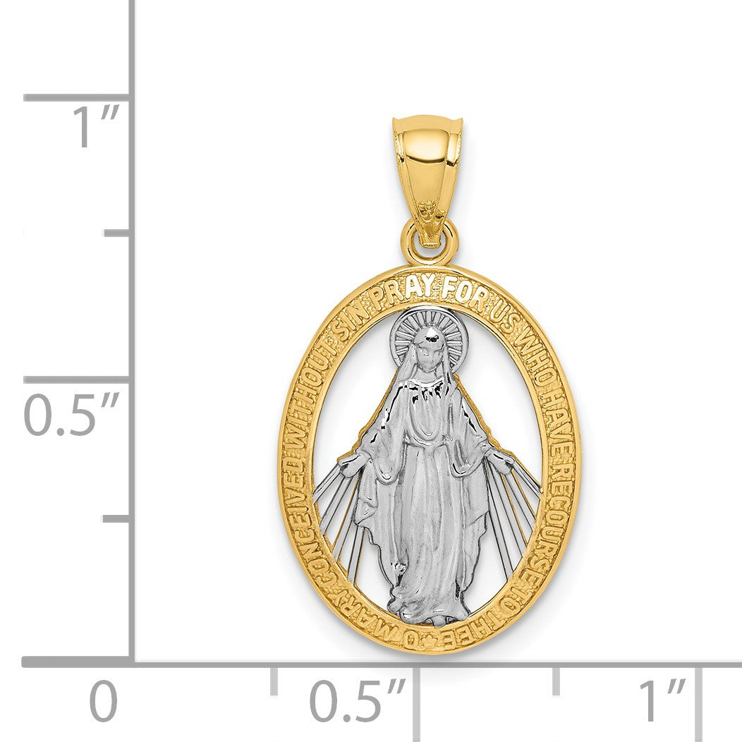 14K and White Rhodium Polished Cut-out Miraculous Medal Oval Pendant