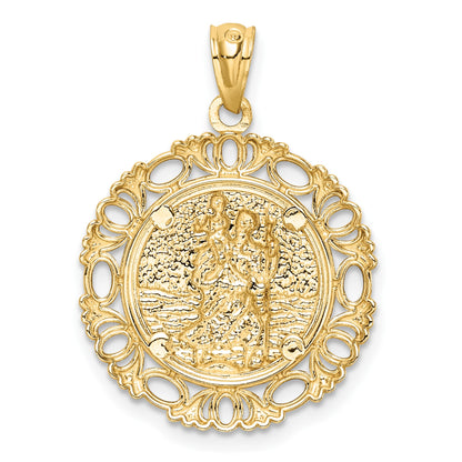 14K and White Rhodium Solid St. Christopher Medal Fancy Edge Round Pendant