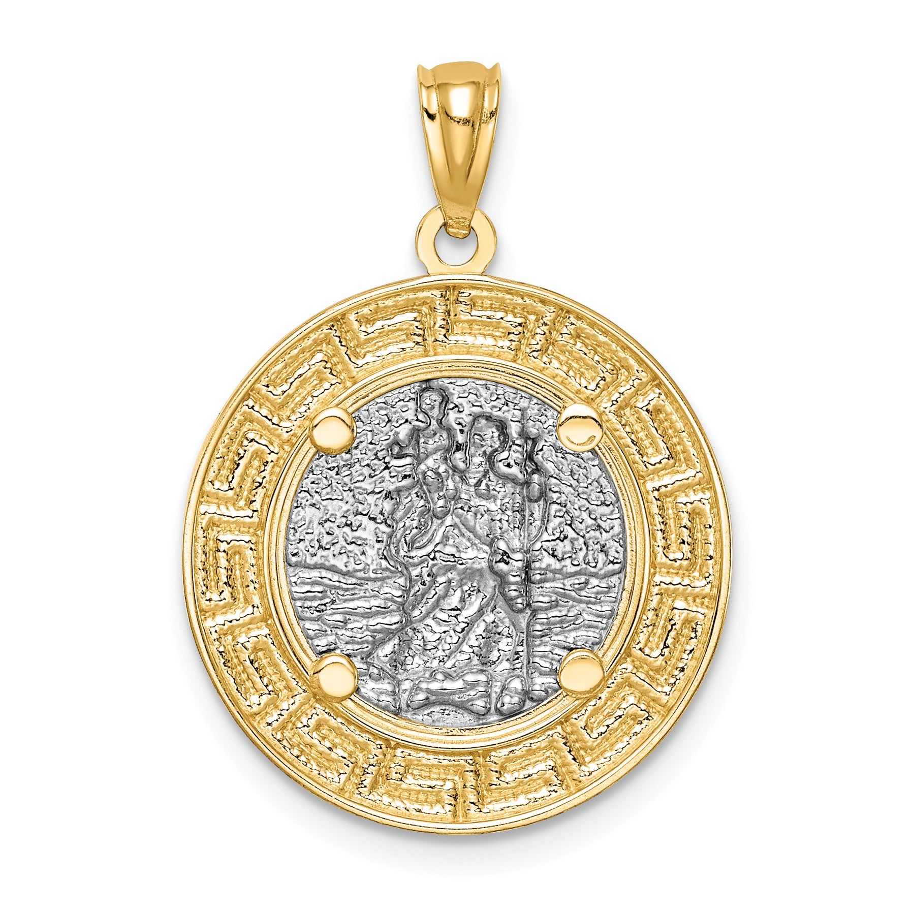 14K and White Rhodium Solid St. Christopher Medal Greek Key Edge Round Pendant