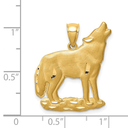 14K Brushed Diamond-cut Howling Wolf Pendant