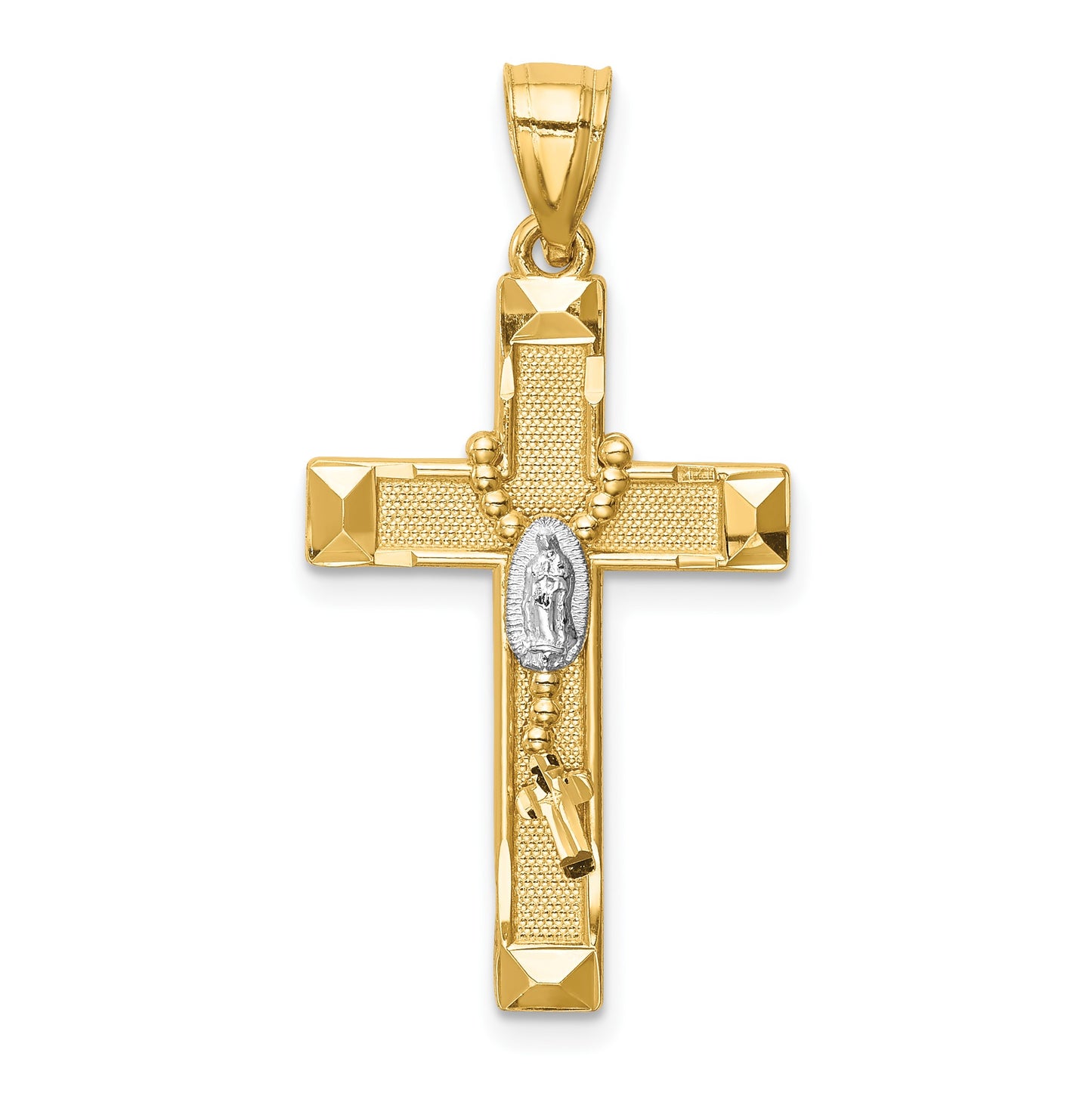 14K and White Rhodium Solid Cross with Rosary Pendant