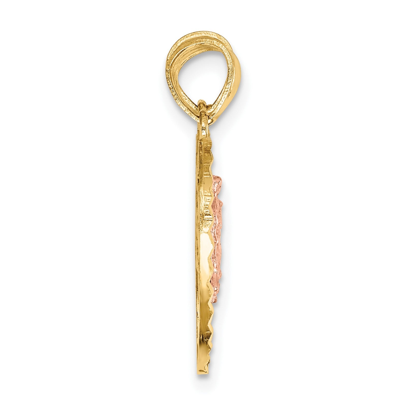 14K Two-tone Reversible Spanish Solid Our Lady of Guadalupe and Crucifix TE AMO Break-apart Heart Pendant