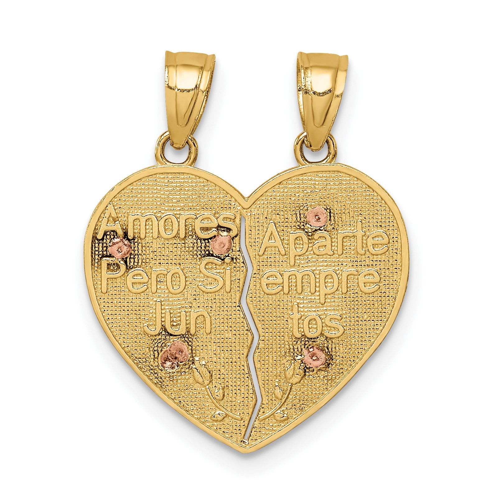 14K Two-tone Reversible Spanish Solid Our Lady of Guadalupe and Crucifix TE AMO Break-apart Heart Pendant