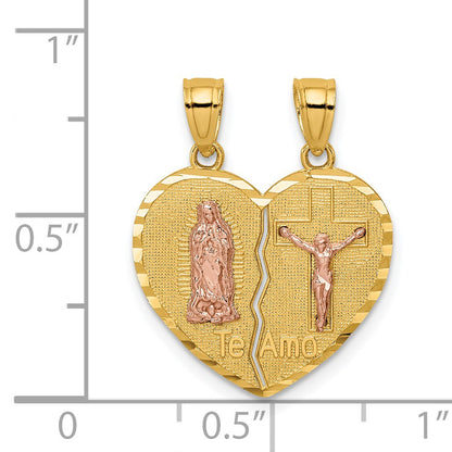 14K Two-tone Reversible Spanish Solid Our Lady of Guadalupe and Crucifix TE AMO Break-apart Heart Pendant