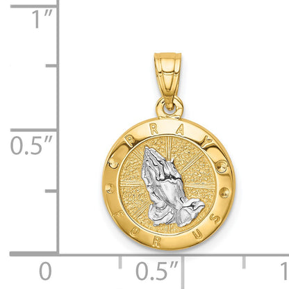14K and White Rhodium Praying Hands Round Pendant