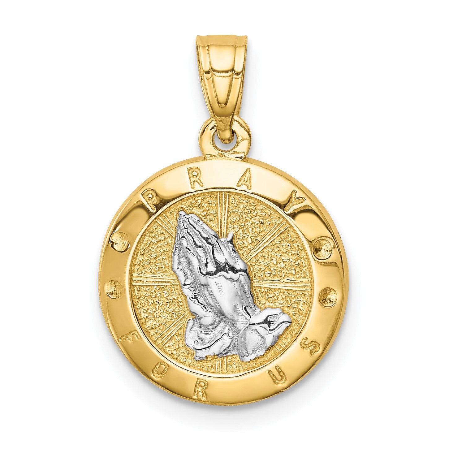 14K and White Rhodium Praying Hands Round Pendant