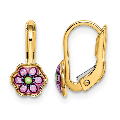 14K Enamel Flower Childrens Leverback Earrings