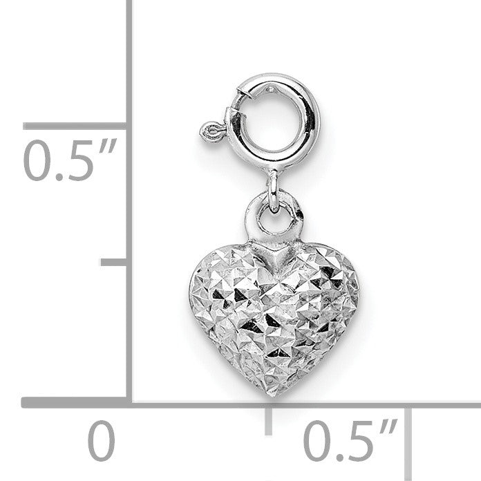 14K White Gold 3-D Puffed Diamond-cut Heart with Spring Ring Clasp Charm