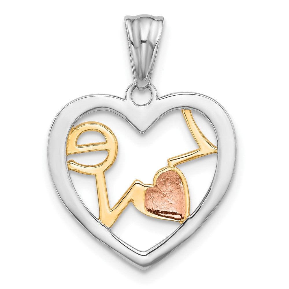 14K Tri-Color Diamond-cut LOVE in Heart Pendant