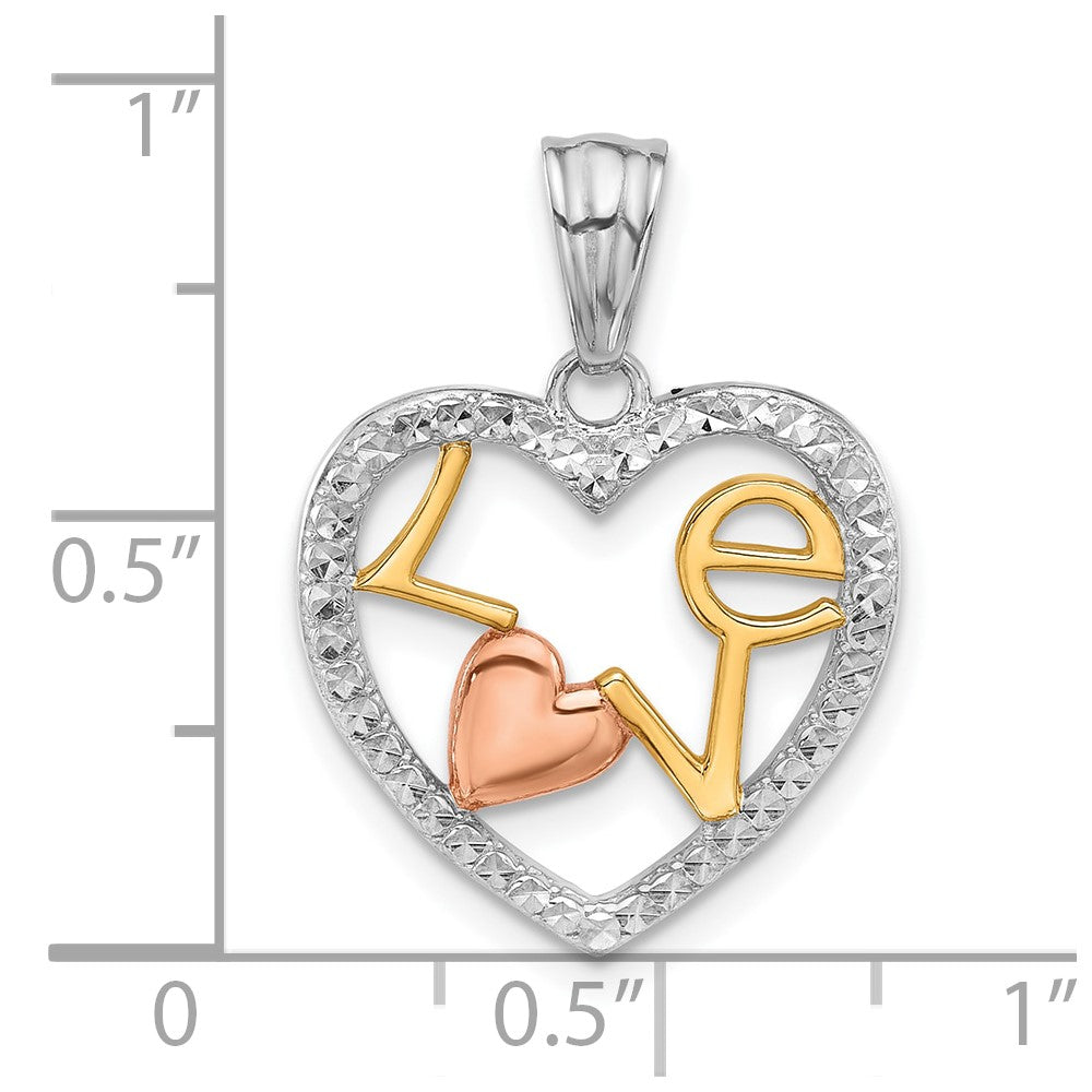 14K Tri-Color Diamond-cut LOVE in Heart Pendant