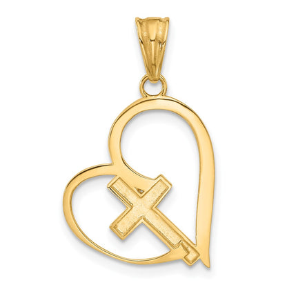 14K and White Rhodium Diamond-cut Cross in Heart Pendant