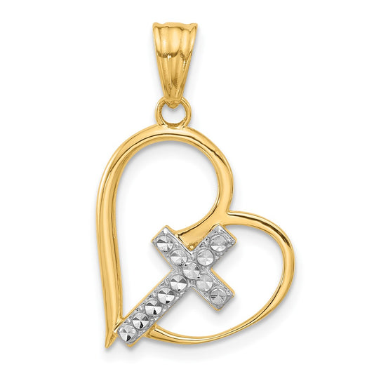 14K and White Rhodium Diamond-cut Cross in Heart Pendant