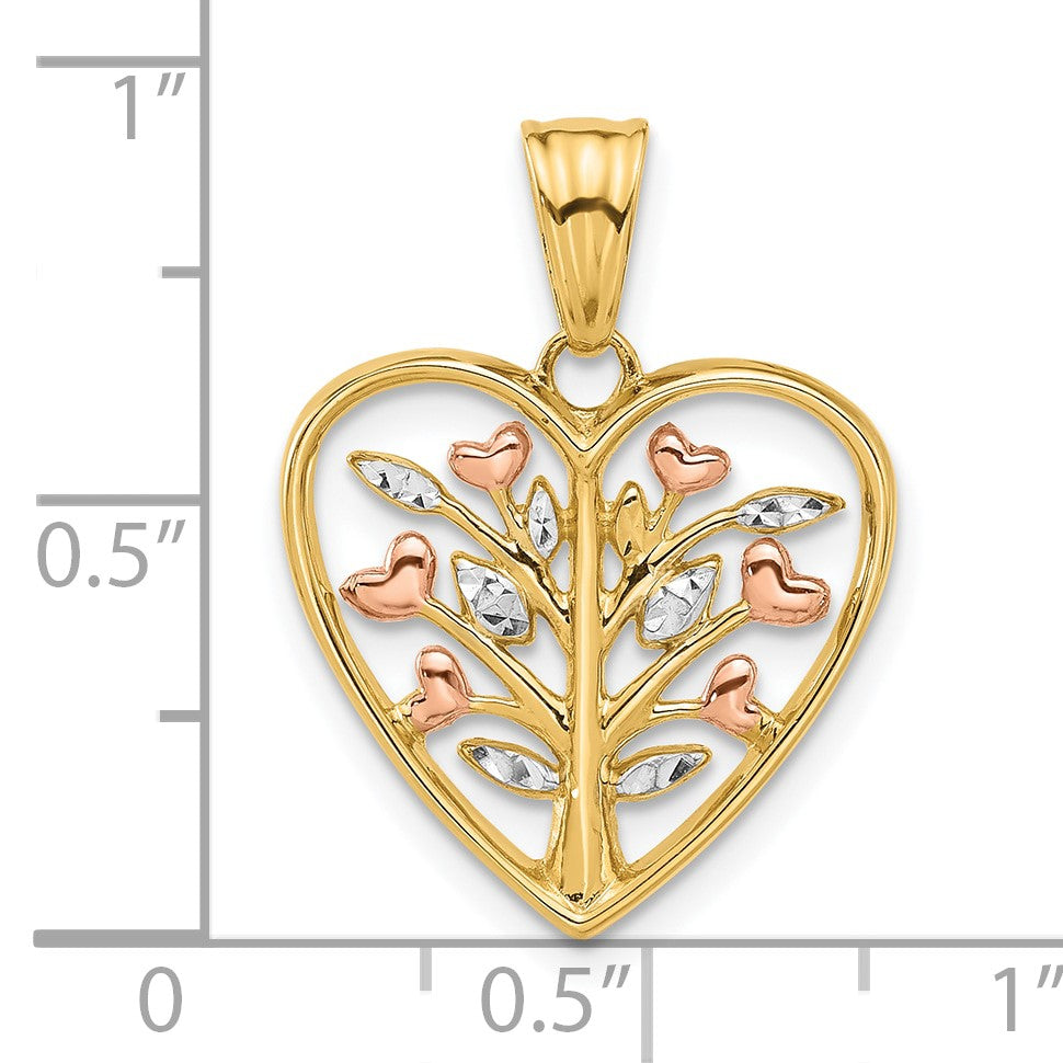 14K Rose-plated and White Rhodium Diamond-cut Tree in Heart Pendant
