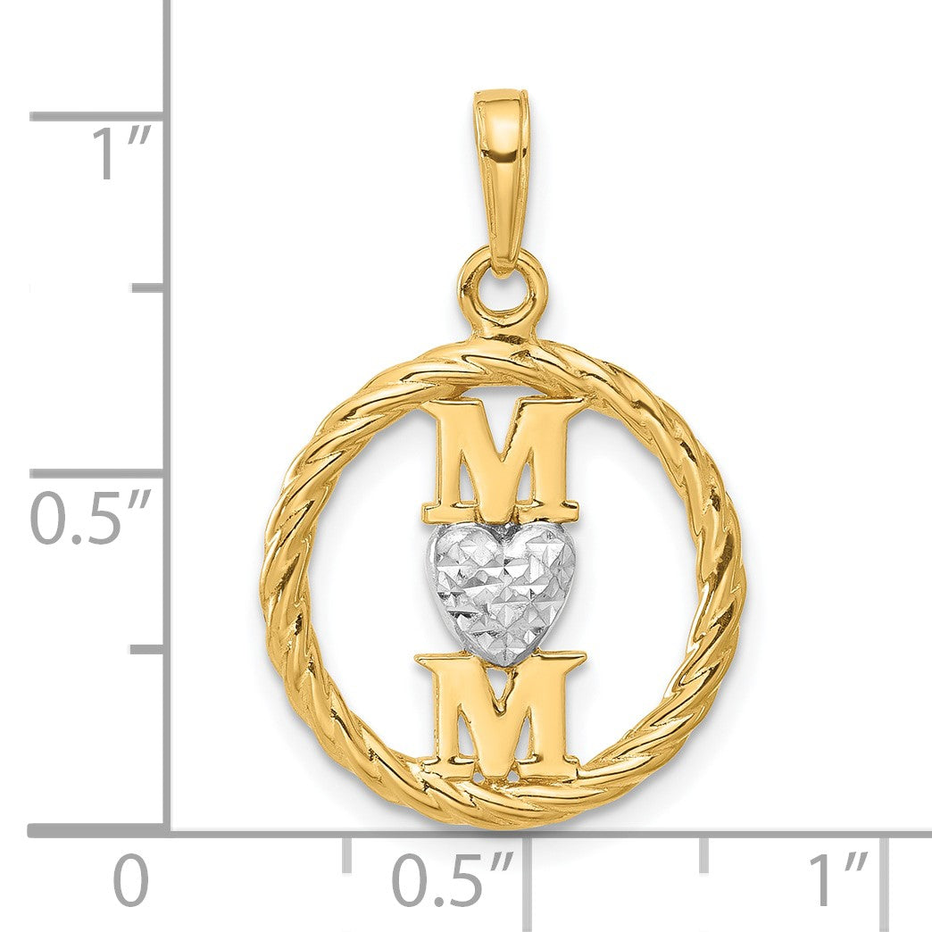 14k and White Rhodium Diamond-cut Heart MOM Pendant