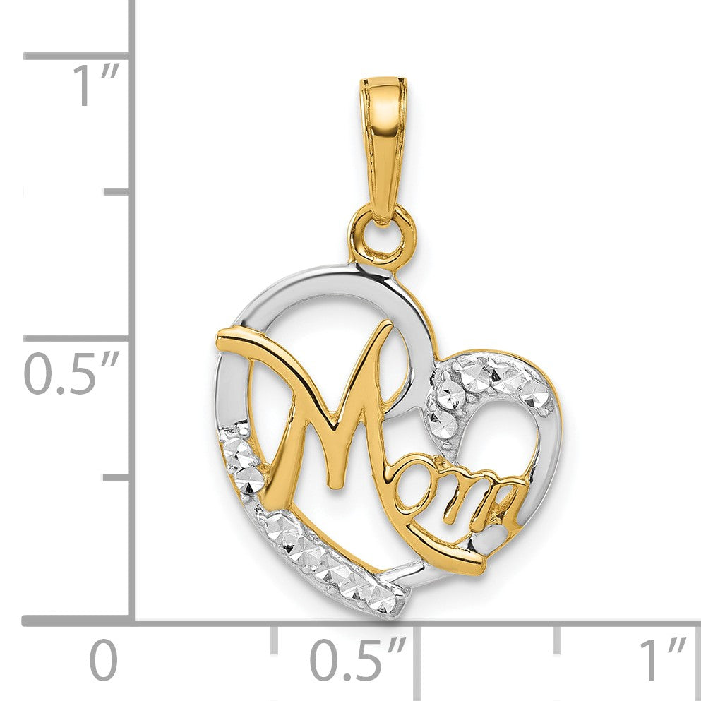 14k and White Rhodium Diamond-cut MOM Heart Pendant