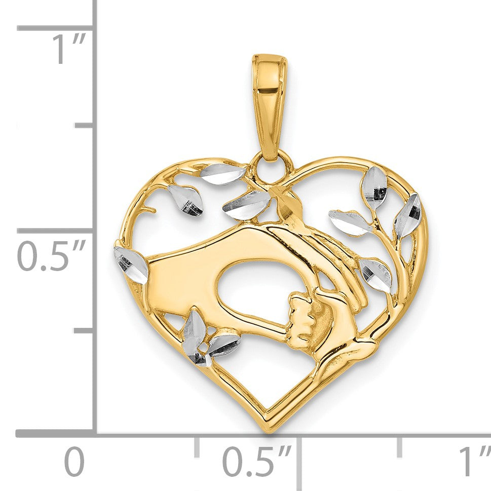 14k and White Rhodium Diamond-cut Mother and Child Hands in Heart Pendant