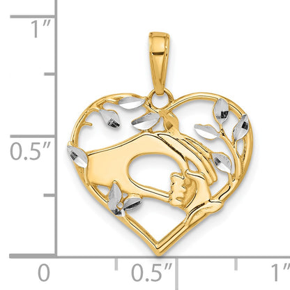 14k and White Rhodium Diamond-cut Mother and Child Hands in Heart Pendant