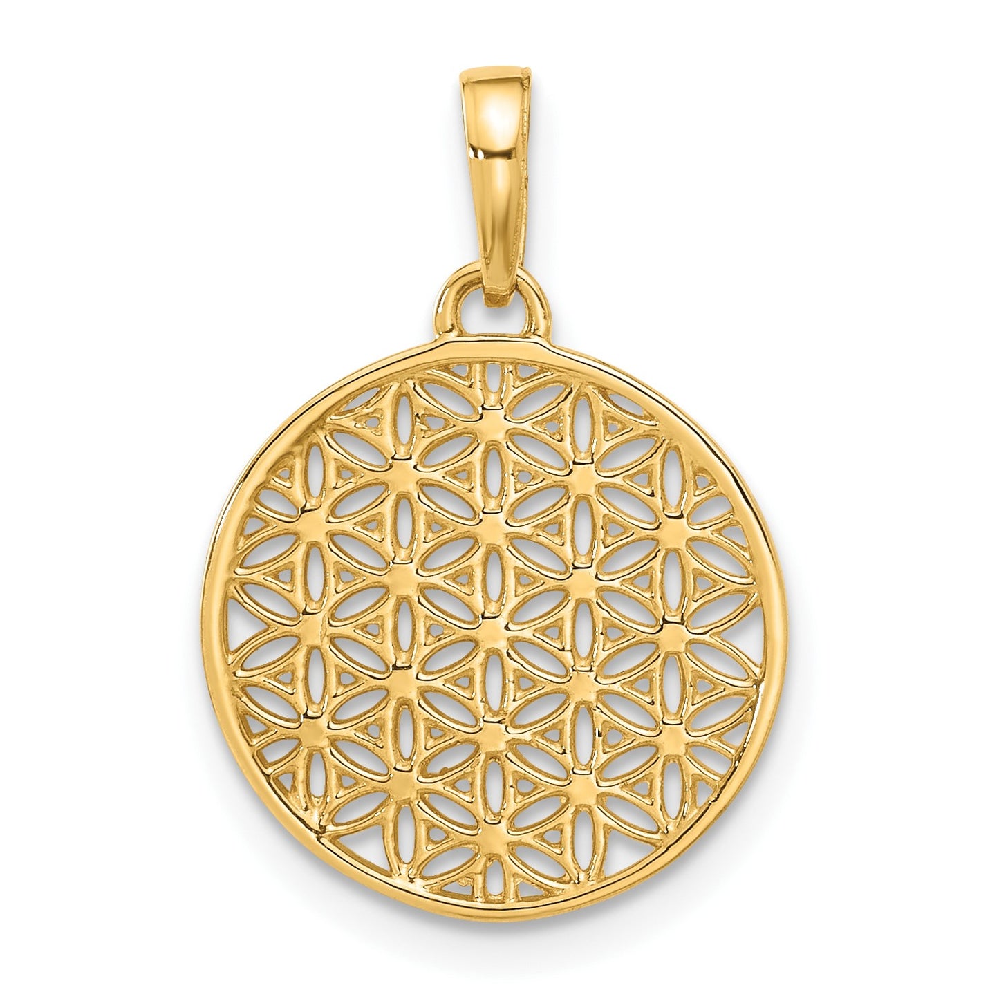 14K and White Rhodium Polished and Diamond-cut Flower Circle Pendant